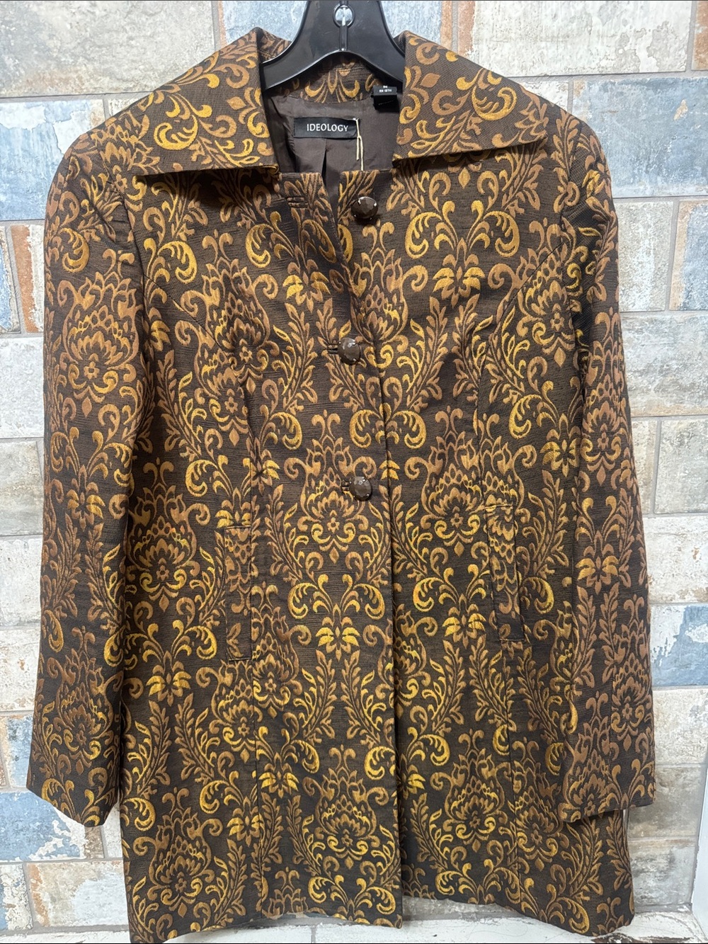 Ideology Brown Floral Jacquard Pea Coat with Gold Accents